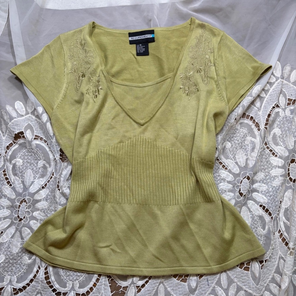 Y2K Babydoll Fairy Cottage Sage Green Embroidered V-Neck Short Sleeve Knit Top M